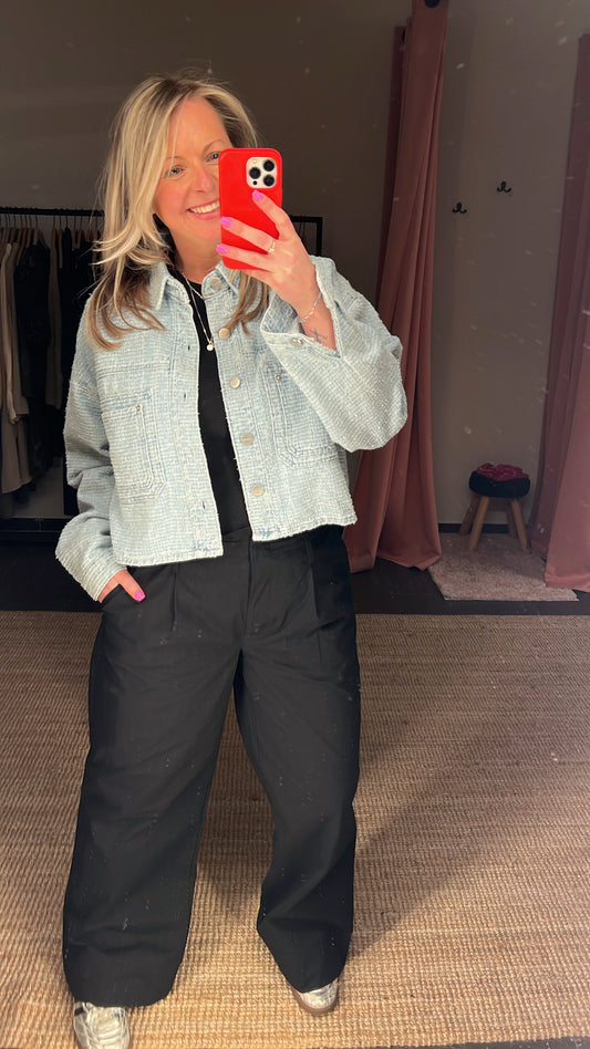 Oversized Denim Jacket With allover Distressed Clear Blue