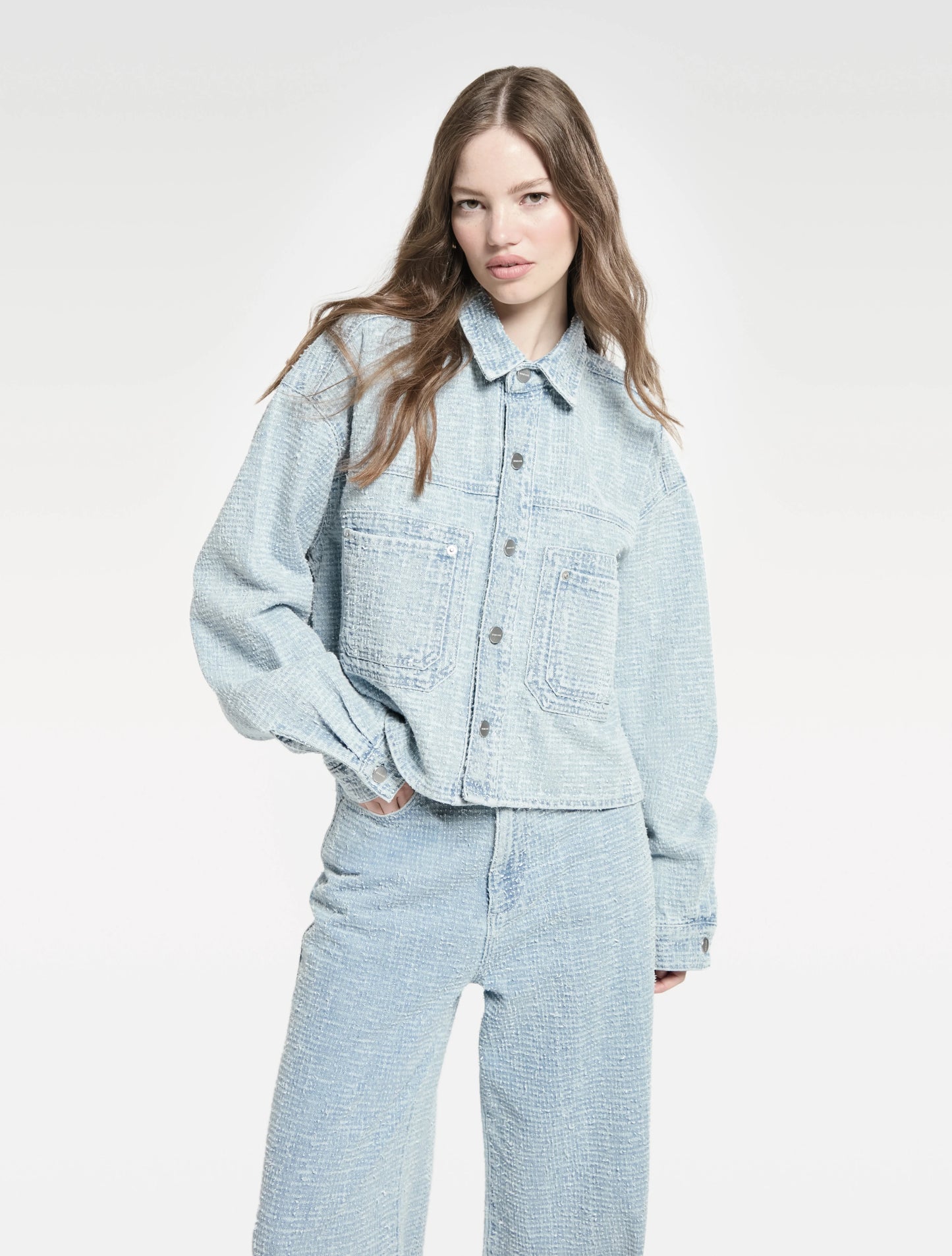 Oversized Denim Jacket With allover Distressed Clear Blue