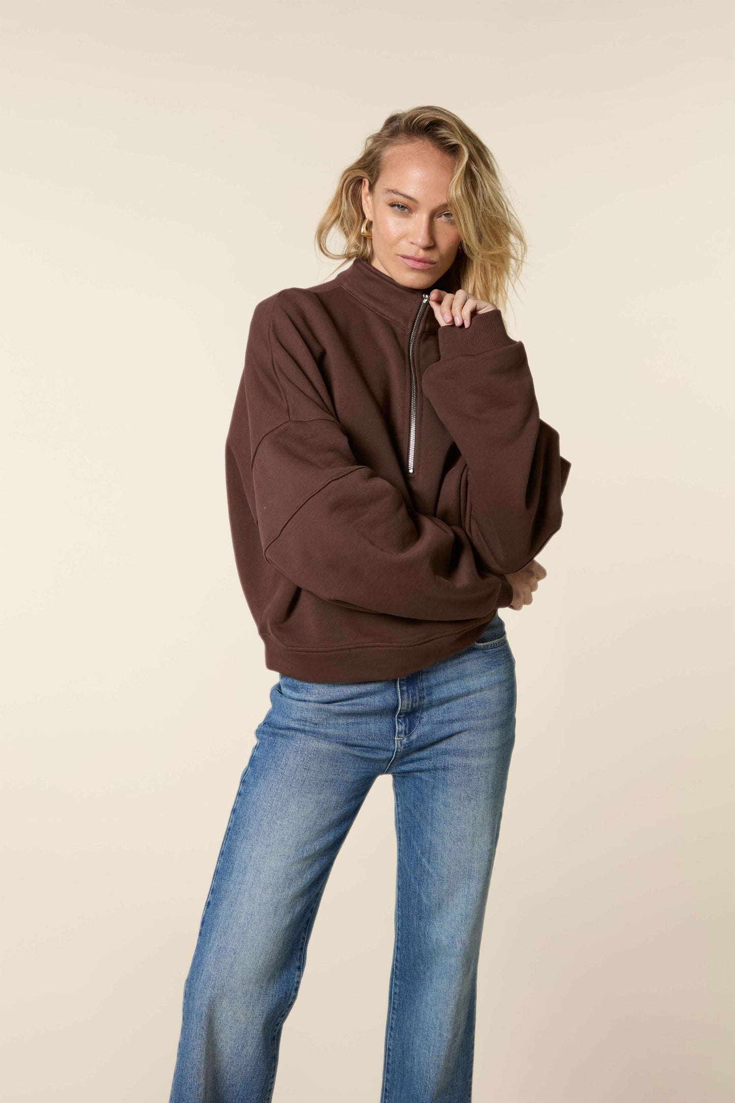 High Neck Sweater With Zipper Dark Brown