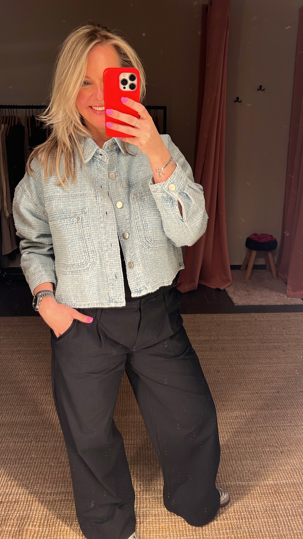 Oversized Denim Jacket With allover Distressed Clear Blue