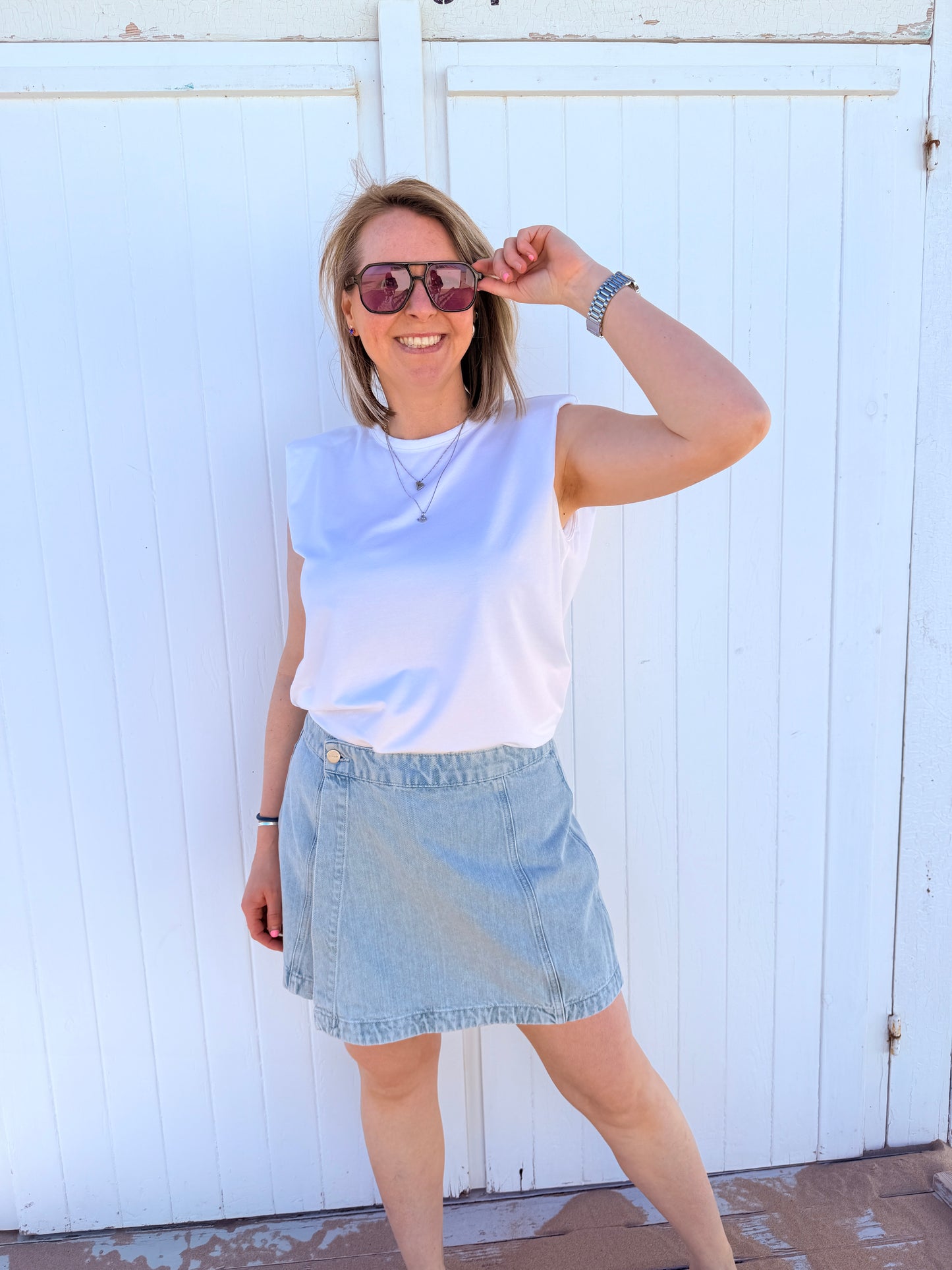 Denim Skort With Welt Pockets